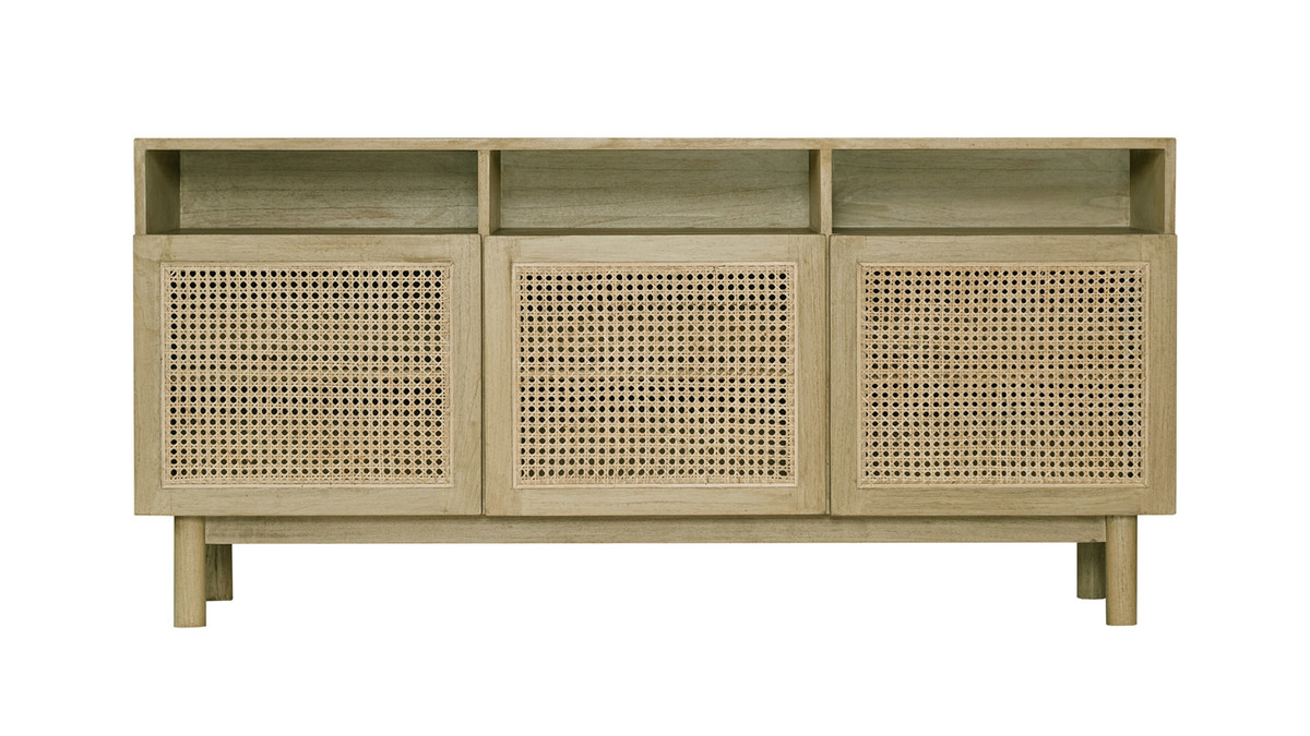 Credenza vintage in legno chiaro e paglia di Vienna rattan L160 cm GALINA