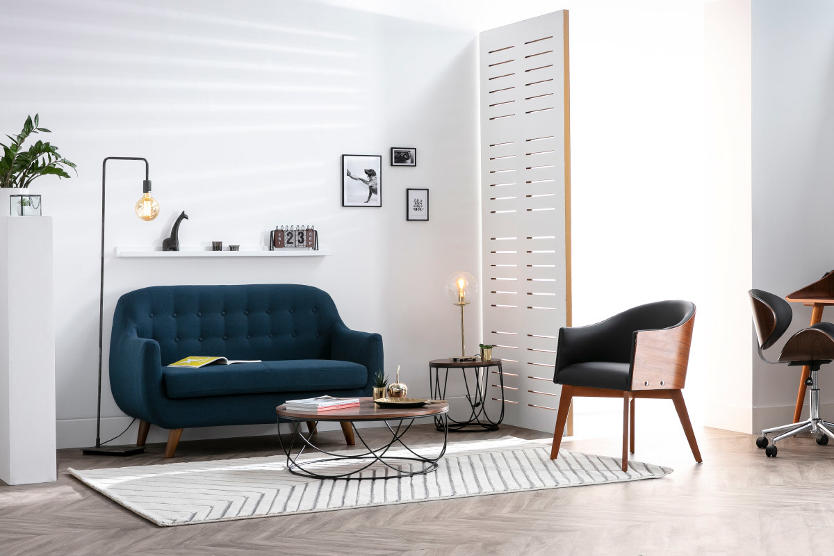 Divano 2 posti scandinavo sfoderabile blu anatra e legno YNOK