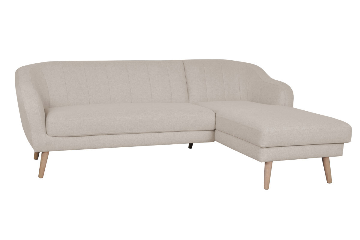 Divano angolare destro 3 posti scandinavo in tessuto beige naturale e legno ISIS