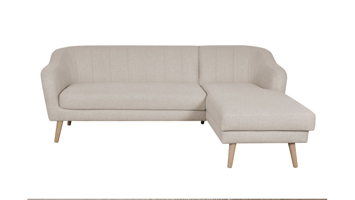 Divano angolare destro 3 posti scandinavo in tessuto beige naturale e legno ISIS