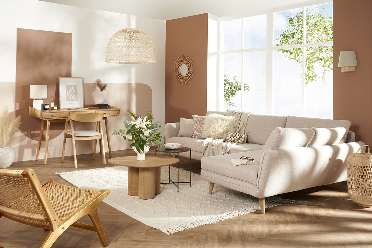 Divano angolare destro scandinavo 5 posti in tessuto beige naturale e legno chiaro CREEP