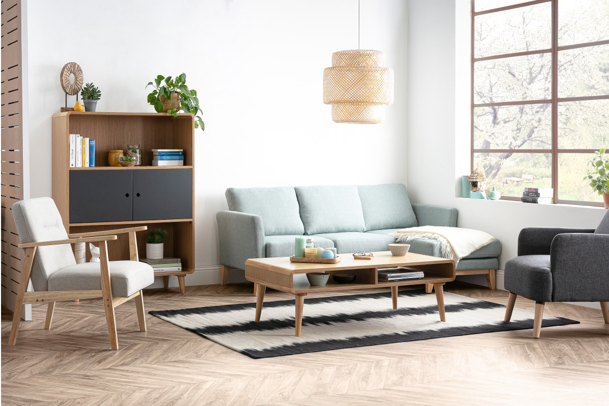 Divano angolare destro sfoderabile scandinavo 4 posti in tessuto grigio-verde e legno chiaro OSLO