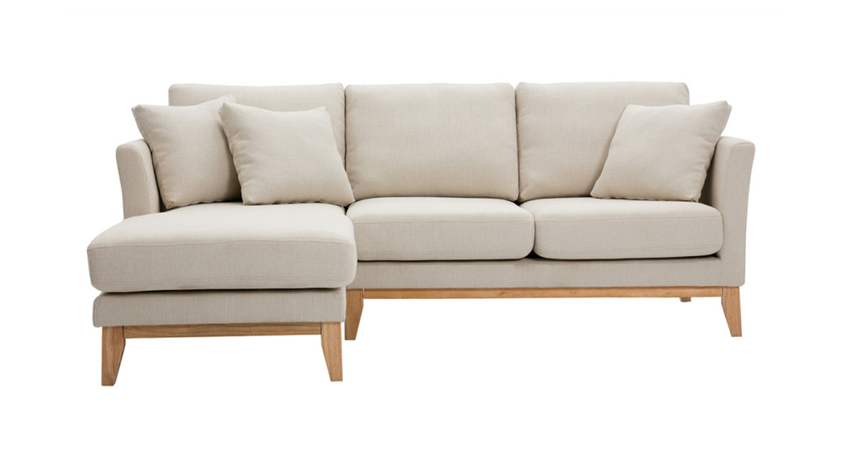 Divano angolare sinistro scandinavo in tessuto beige sfoderabile e legno chiaro 3-4 posti OSLO