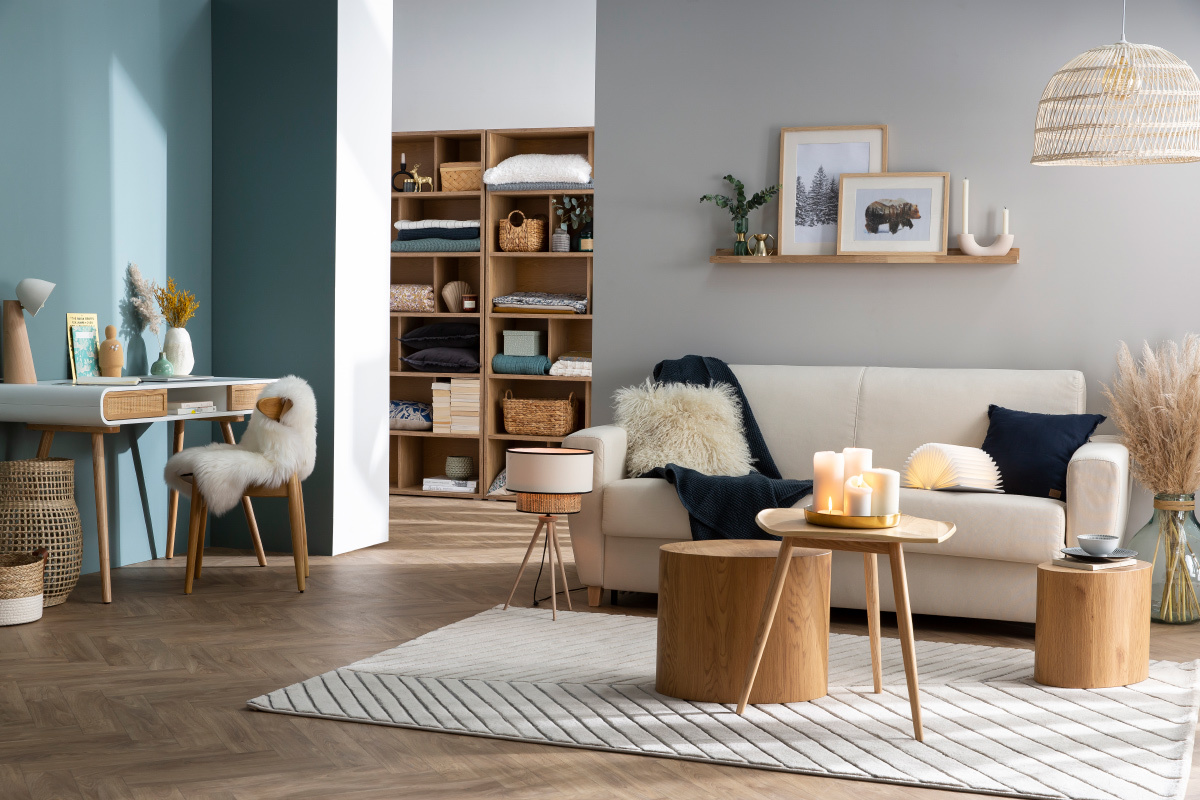 Divano convertibile scandinavo blu e legno GRAHAM