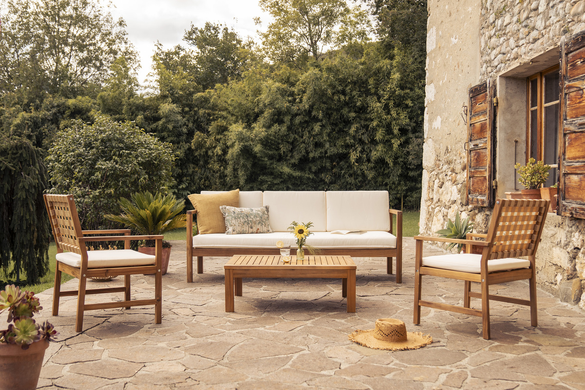 Divano da giardino 3 posti legno massello e cuscini beige L190 cm AKIS