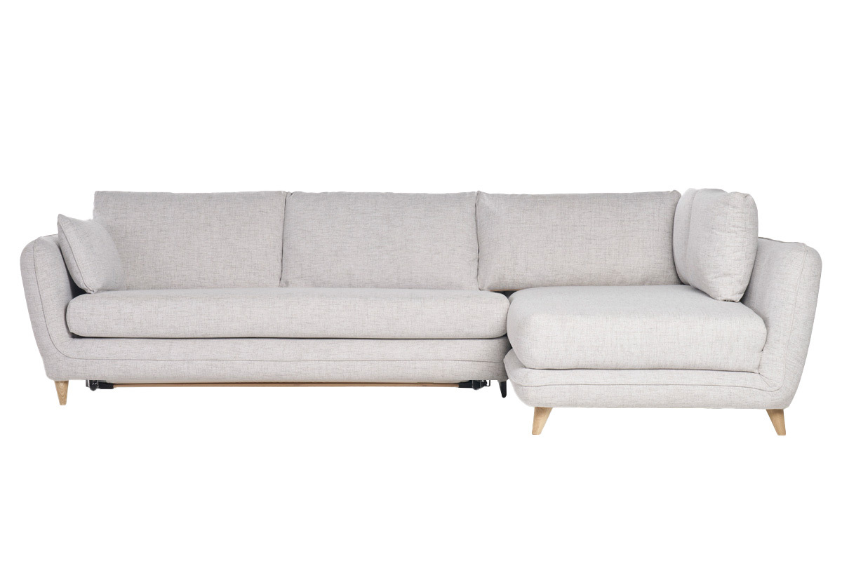 Divano d'angolo destro convertibile scandinavo 5 posti in tessuto grigio chiaro melange e legno chiaro CREEP