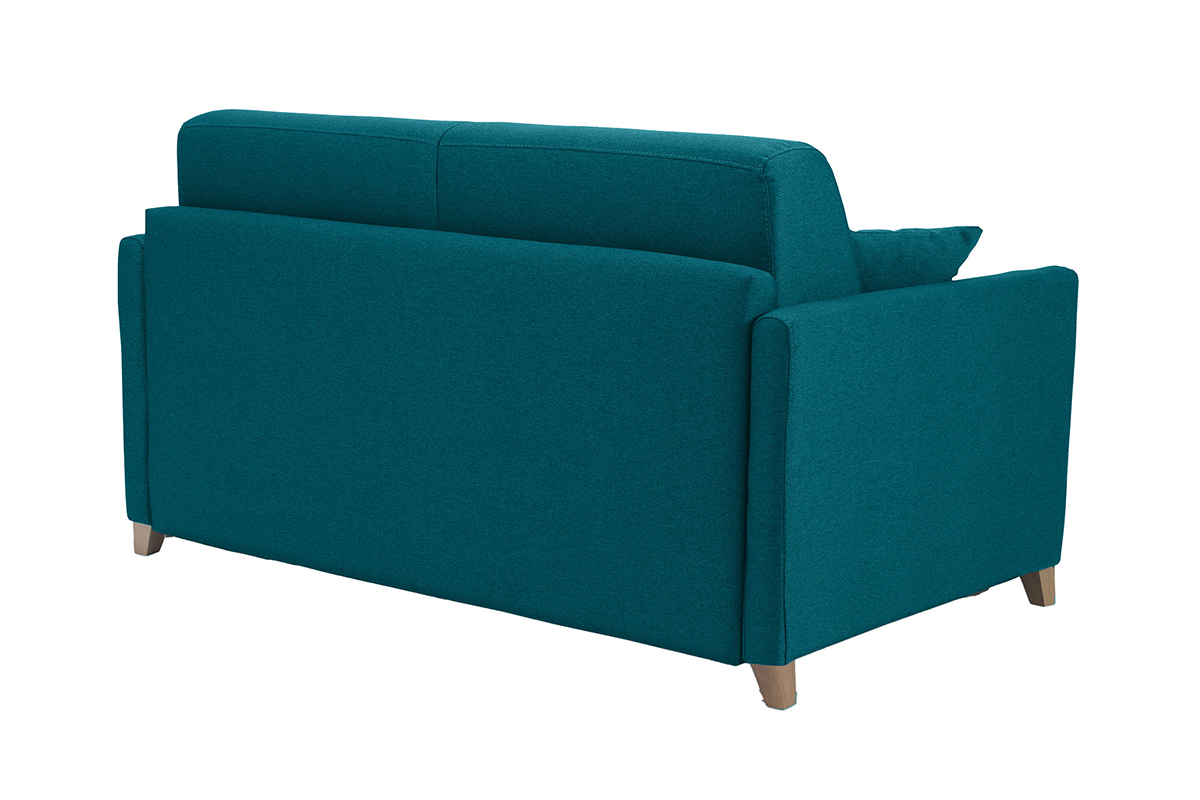 Divano letto 2-3 posti in tessuto blu anatra e legno chiaro con materasso 13 cm SKANDY