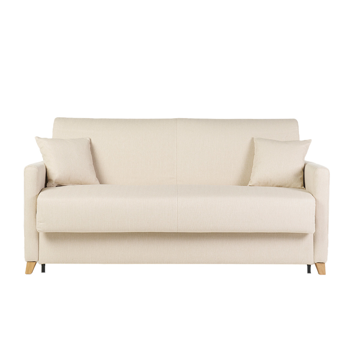 Divano letto 3 posti in tessuto beige e legno chiaro con materasso 18 cm SKANDY