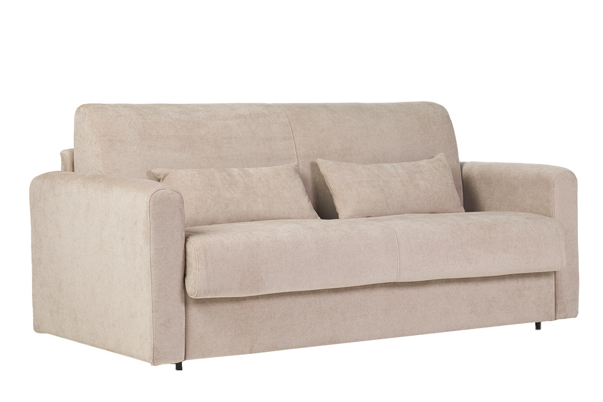 Divano letto 3 posti in tessuto effetto velluto beige con materasso 13 cm LETTO