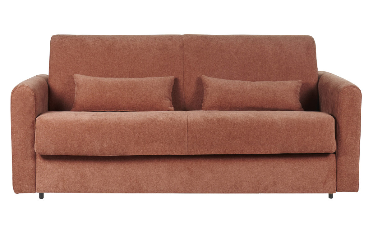 Divano letto 3 posti in tessuto effetto velluto color terracotta con materasso da 13 cm LETTO