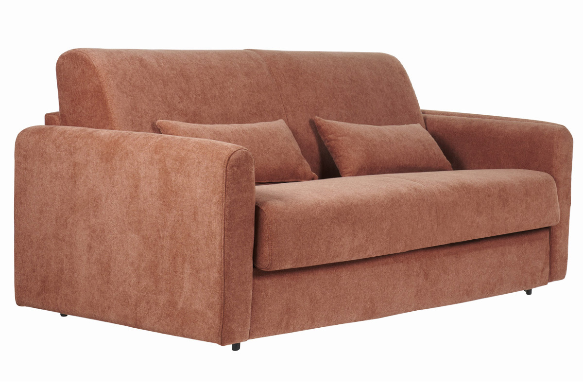 Divano letto 3 posti in tessuto effetto velluto color terracotta con materasso da 13 cm LETTO