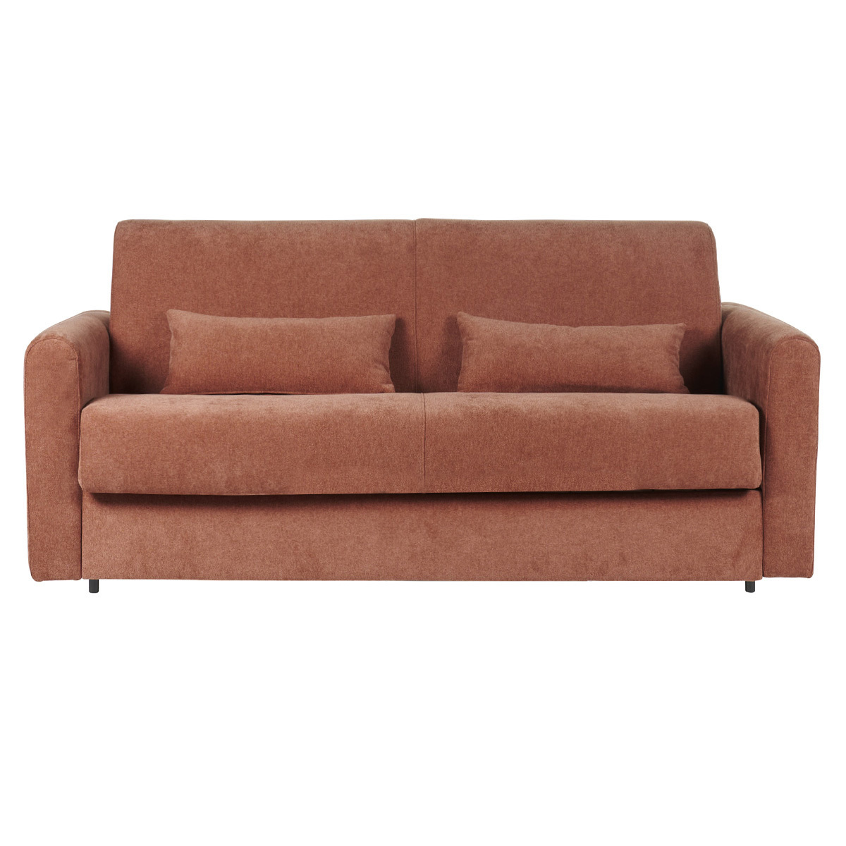 Divano letto 3 posti in tessuto effetto velluto color terracotta con materasso da 13 cm LETTO