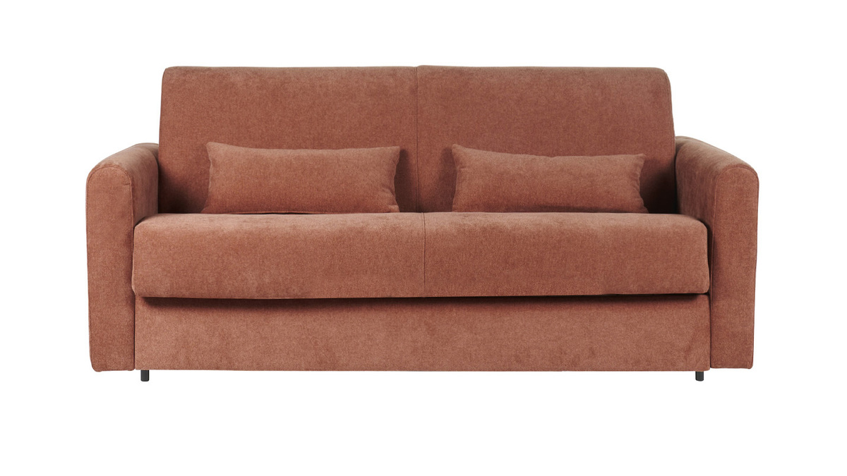 Divano letto 3 posti in tessuto effetto velluto color terracotta con materasso da 13 cm LETTO