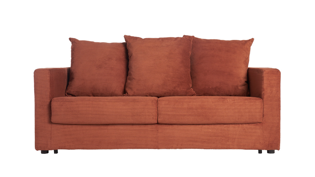 Divano letto 3 posti in tessuto velluto a coste color terracotta con materasso 13 cm BACIO