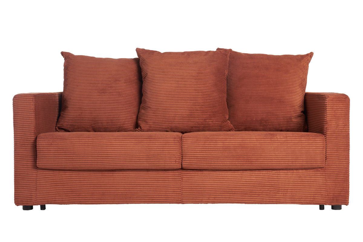 Divano letto 3 posti in tessuto velluto a coste color terracotta con materasso 13 cm BACIO