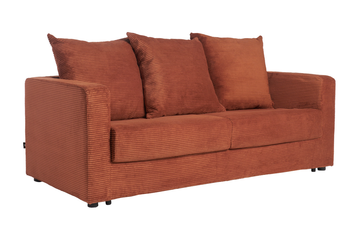 Divano letto 3 posti in tessuto velluto a coste color terracotta con materasso 13 cm BACIO