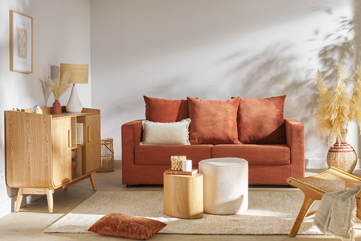 Divano letto 3 posti in tessuto velluto a coste color terracotta con materasso 13 cm BACIO