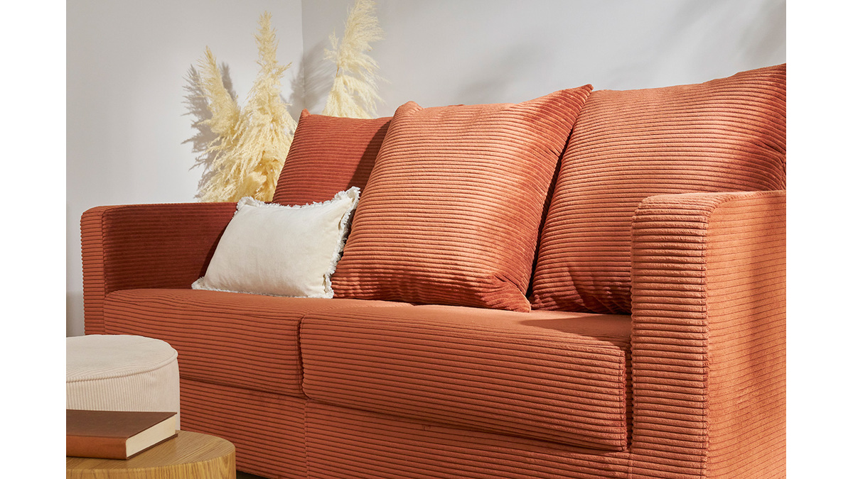 Divano letto 3 posti in tessuto velluto a coste color terracotta con materasso 13 cm BACIO