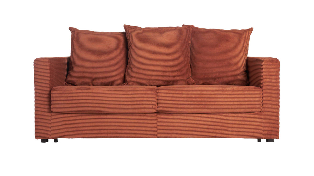 Divano letto 3 posti in tessuto velluto a coste color terracotta con materasso 13 cm BACIO