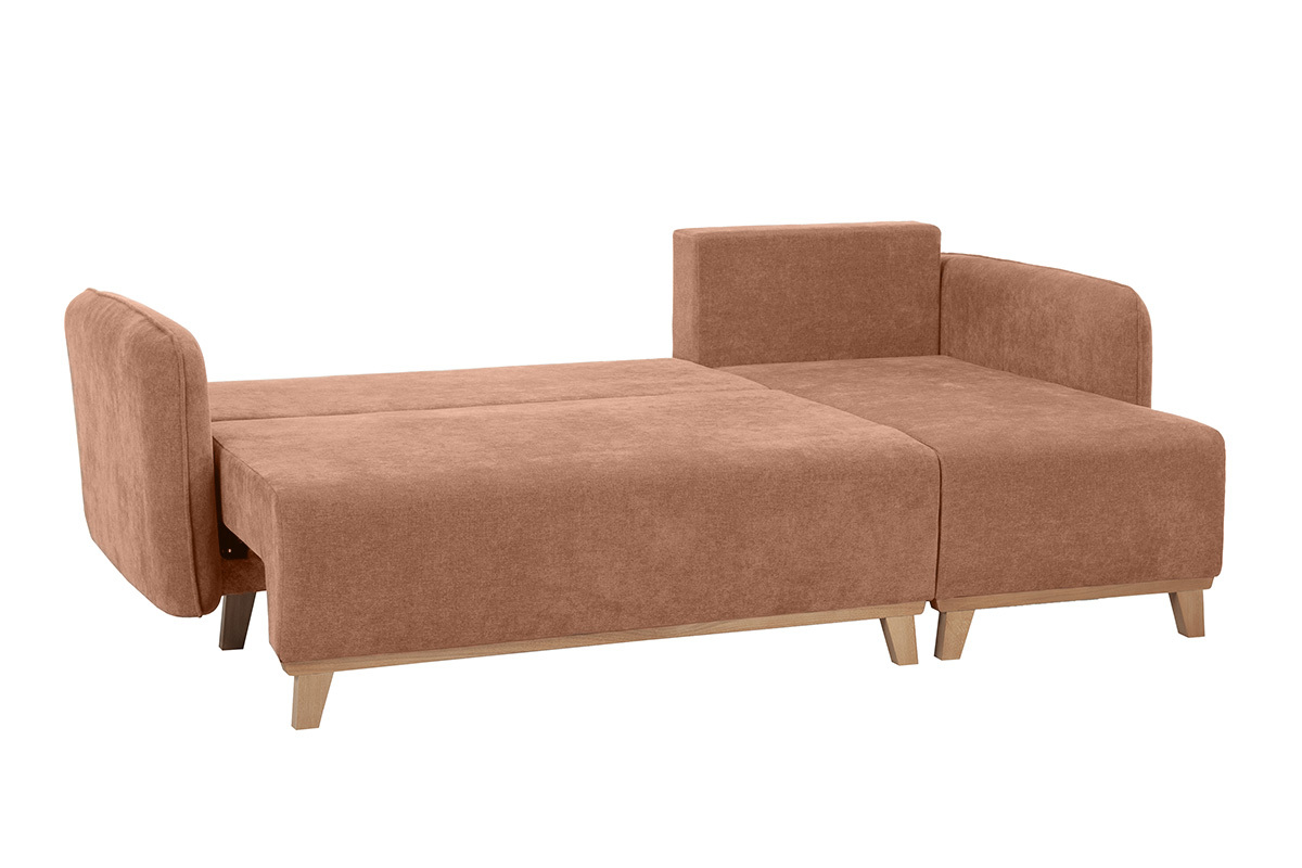 Divano letto angolare reversibile 3-4 posti in tessuto effetto velluto color terracotta e legno chiaro ROMANE