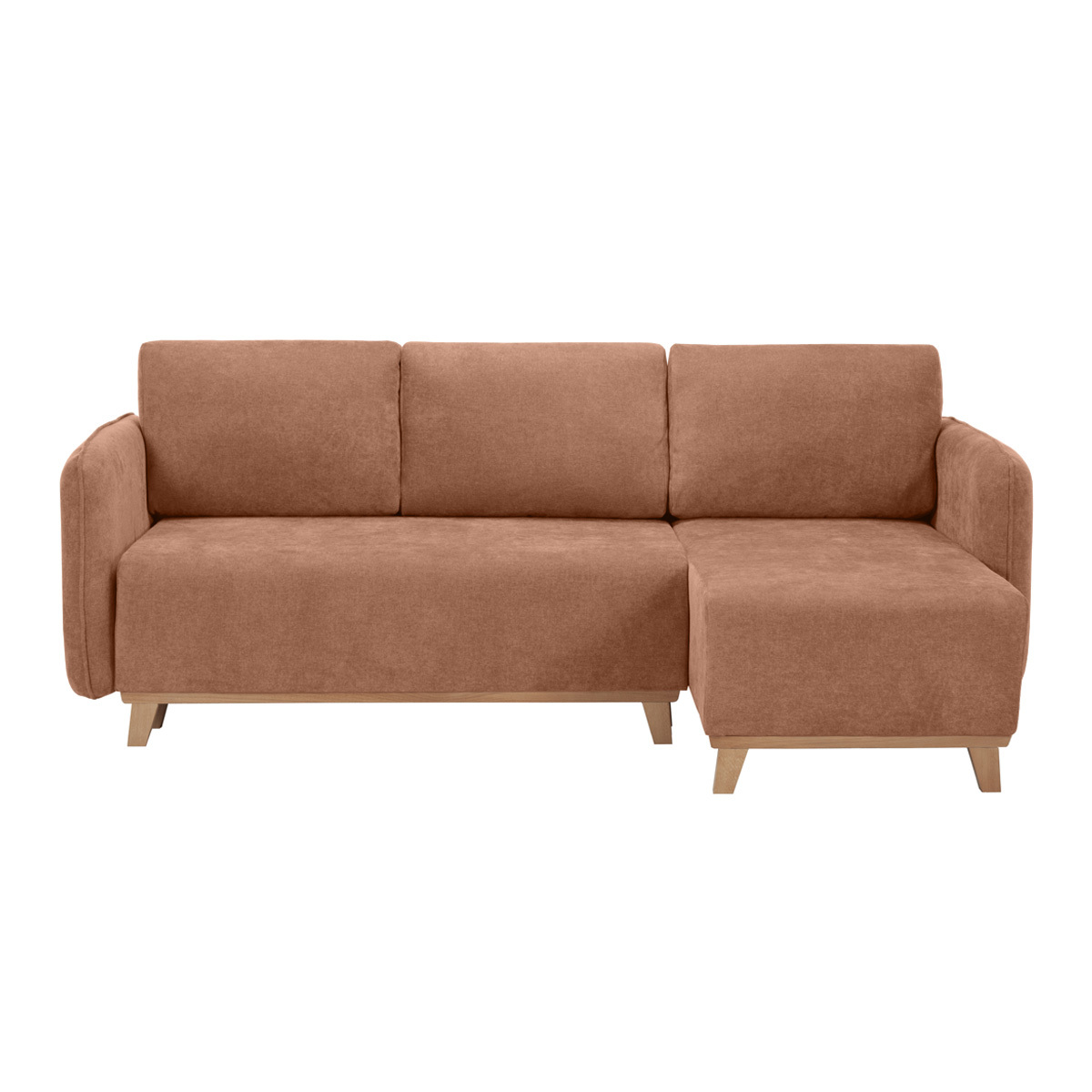 Divano letto angolare reversibile 3-4 posti in tessuto effetto velluto color terracotta e legno chiaro ROMANE