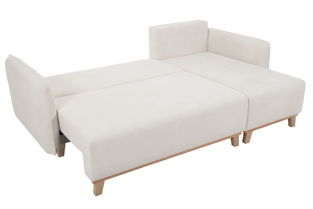 Divano letto angolare reversibile 3-4 posti in tessuto effetto velluto testurizzato beige e legno chiaro ROMANE