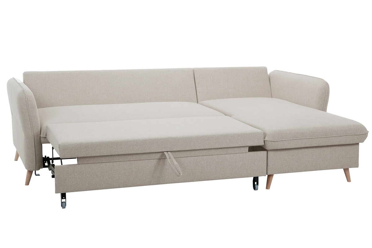 Divano letto angolare reversibile con contenitore 3-4 posti in tessuto beige e legno chiaro DRISS