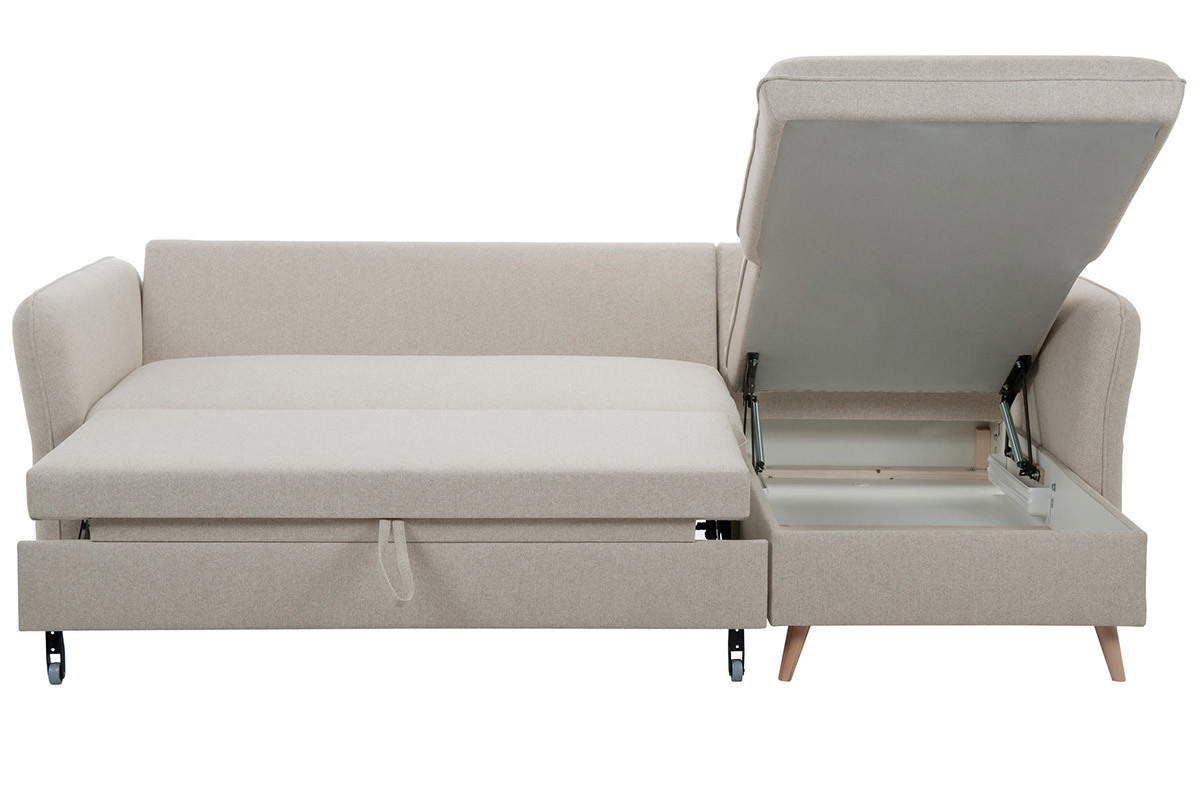 Divano letto angolare reversibile con contenitore 3-4 posti in tessuto beige e legno chiaro DRISS