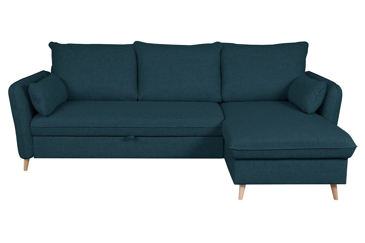 Divano letto angolare reversibile con contenitore 3-4 posti in tessuto blu oceano e legno chiaro DRISS