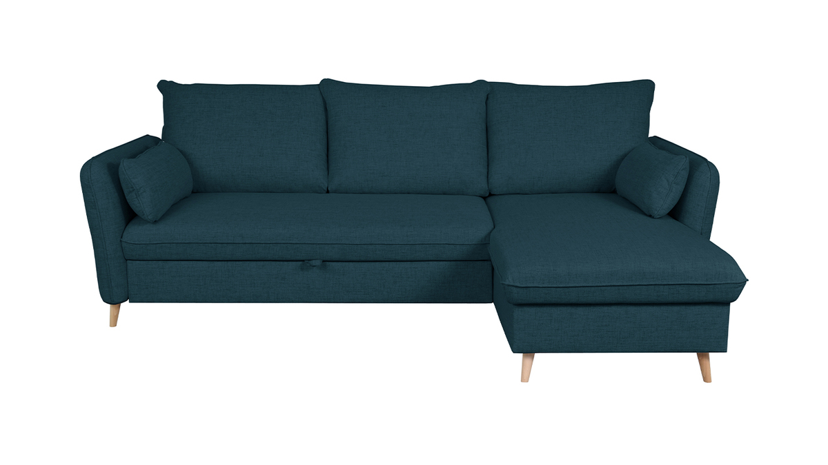 Divano letto angolare reversibile con contenitore 3-4 posti in tessuto blu oceano e legno chiaro DRISS