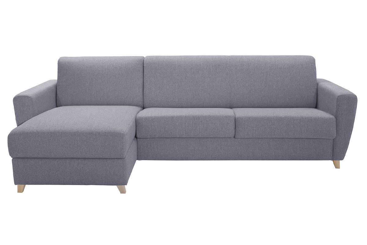 Divano letto angolare reversibile con contenitore 4 posti in tessuto grigio e legno chiaro GRAHAM