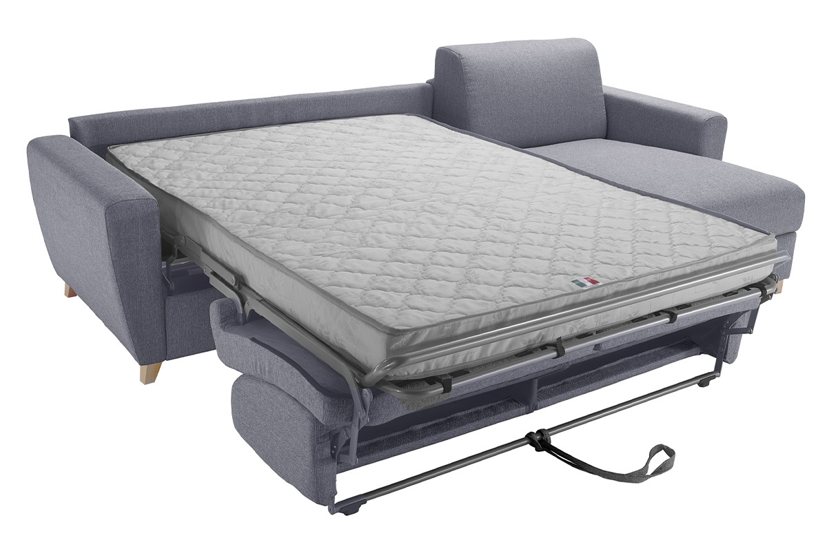 Divano letto angolare reversibile con contenitore 4 posti in tessuto grigio e legno chiaro GRAHAM