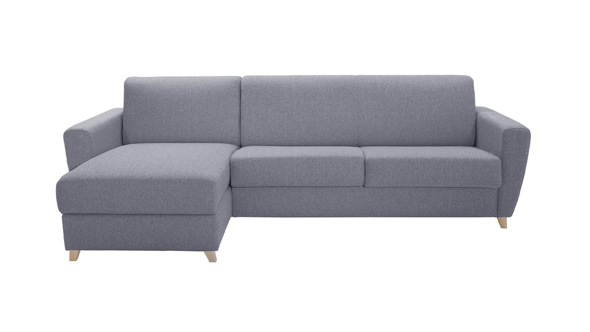 Divano letto angolare reversibile con contenitore 4 posti in tessuto grigio e legno chiaro GRAHAM