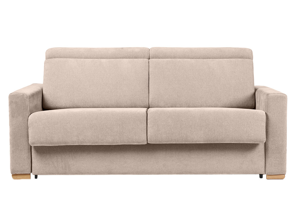 Divano letto con poggiatesta regolabili in tessuto effetto velluto beige a 3 posti con materasso da 18 cm NORO