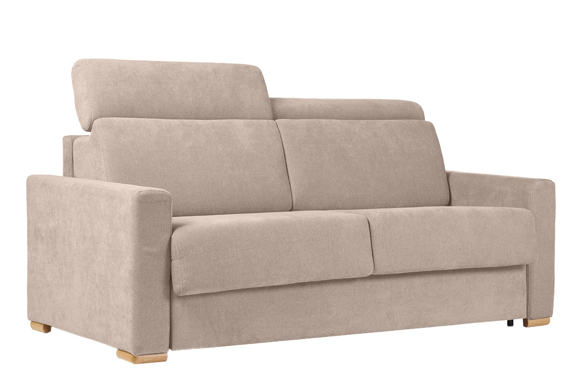 Divano letto con poggiatesta regolabili in tessuto effetto velluto beige a 3 posti con materasso da 18 cm NORO