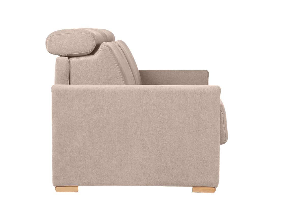 Divano letto con poggiatesta regolabili in tessuto effetto velluto beige a 3 posti con materasso da 18 cm NORO