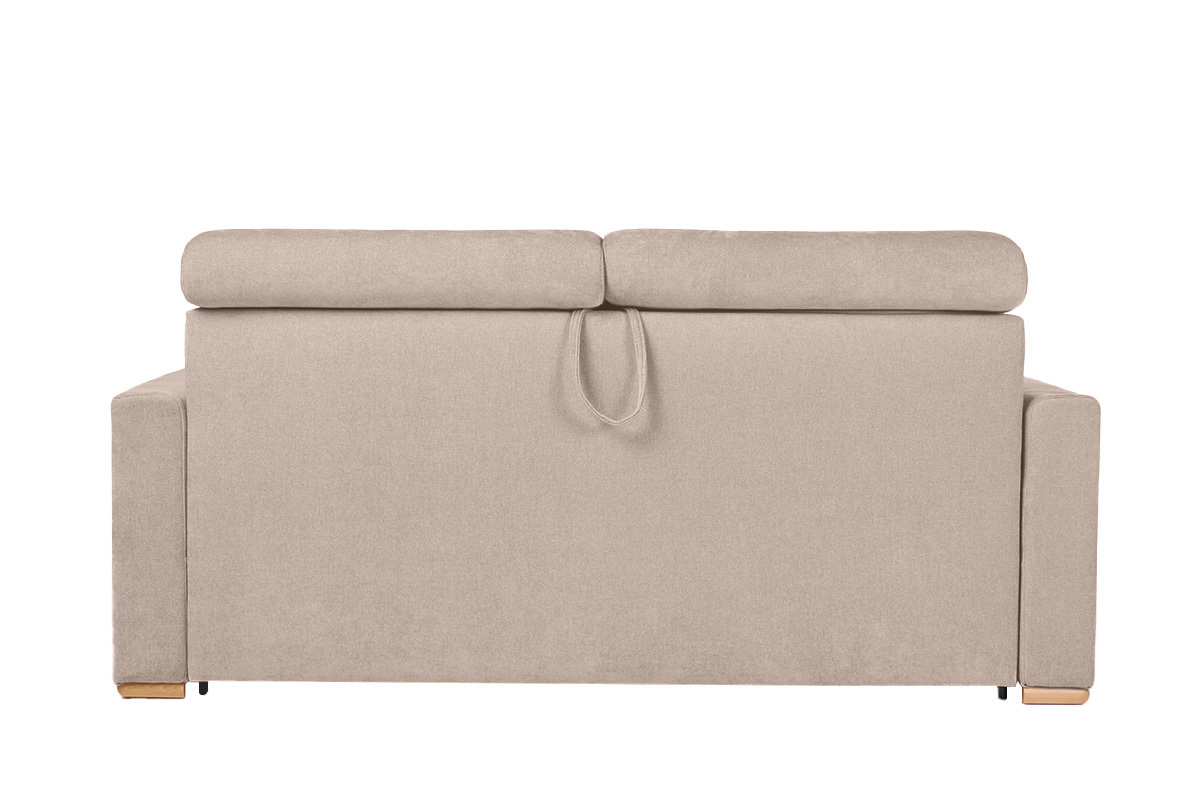 Divano letto con poggiatesta regolabili in tessuto effetto velluto beige a 3 posti con materasso da 18 cm NORO