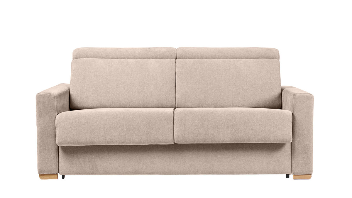 Divano letto con poggiatesta regolabili in tessuto effetto velluto beige a 3 posti con materasso da 18 cm NORO