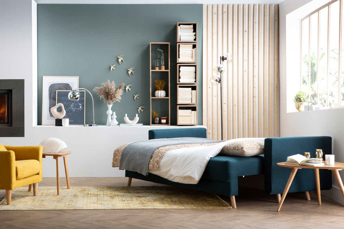 Divano letto scandinavo 3 posti con contenitore beige MIRA