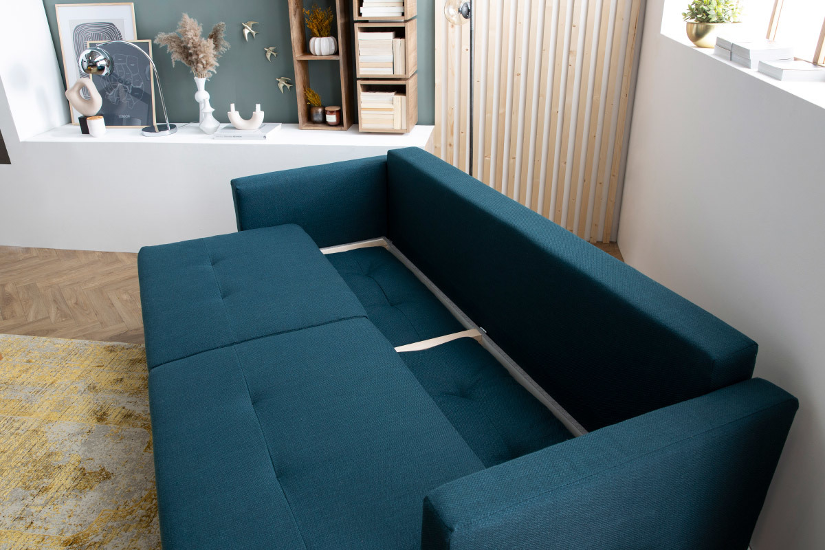 Divano letto scandinavo 3 posti con contenitore blu pavone MIRA