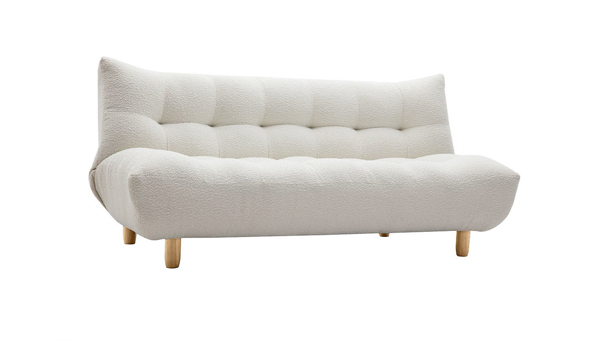 Divano letto scandinavo 3 posti in tessuto effetto lana boucl bianco e legno chiaro YUMI