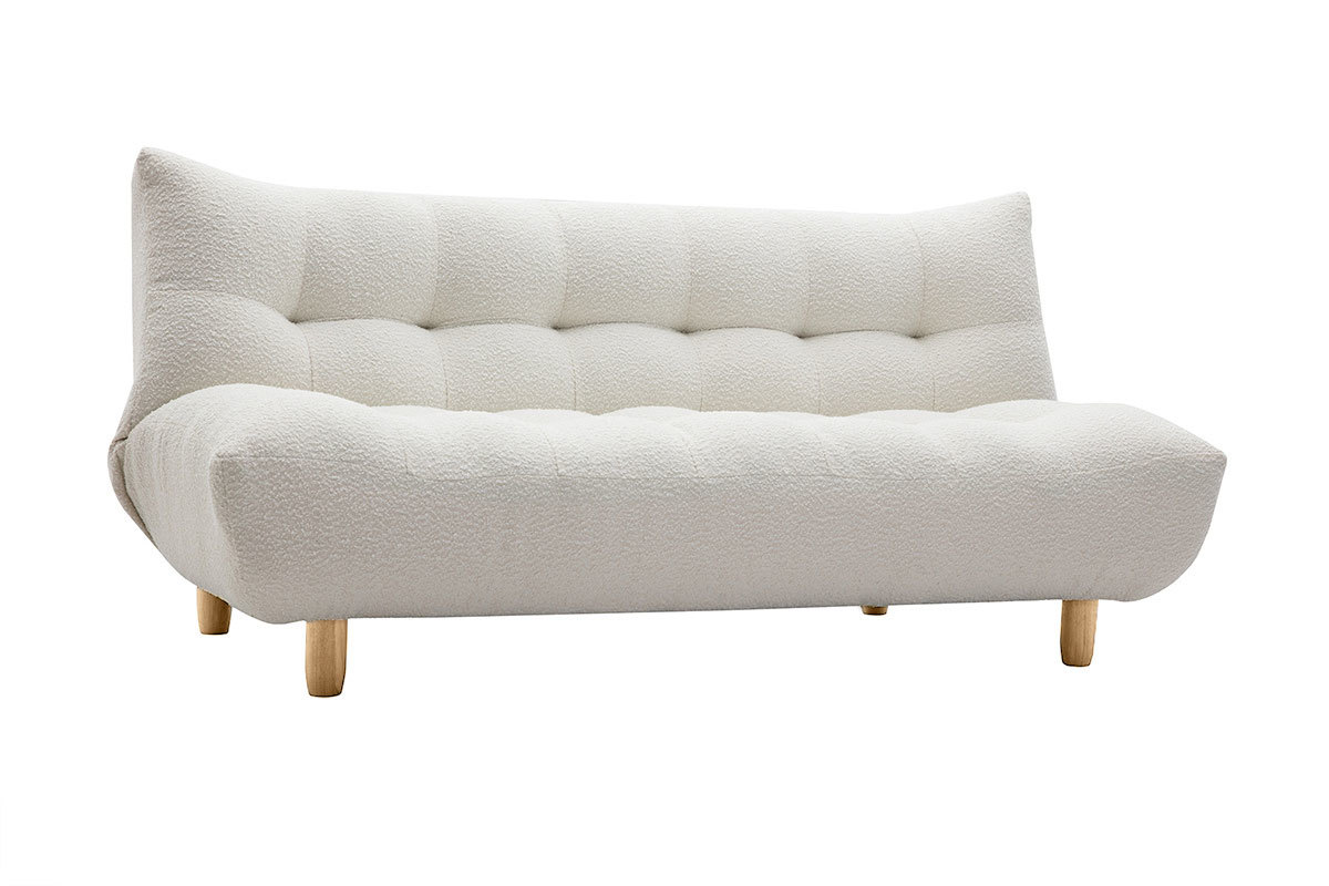 Divano letto scandinavo 3 posti in tessuto effetto lana boucl bianco e legno chiaro YUMI