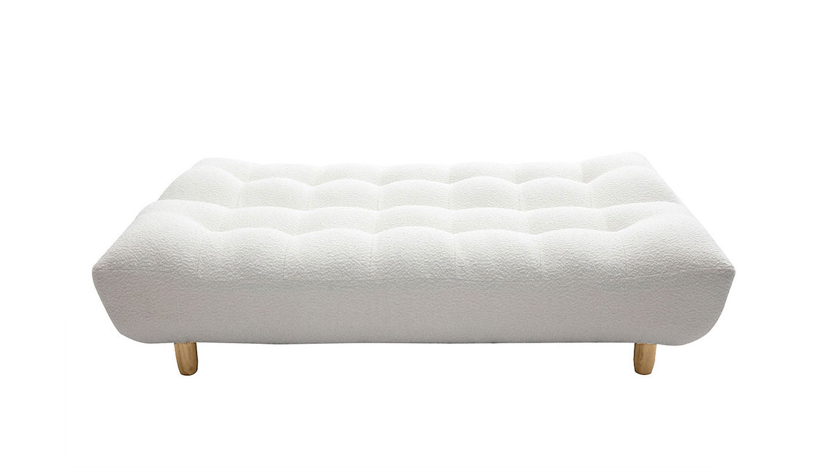 Divano letto scandinavo 3 posti in tessuto effetto lana boucl bianco e legno chiaro YUMI