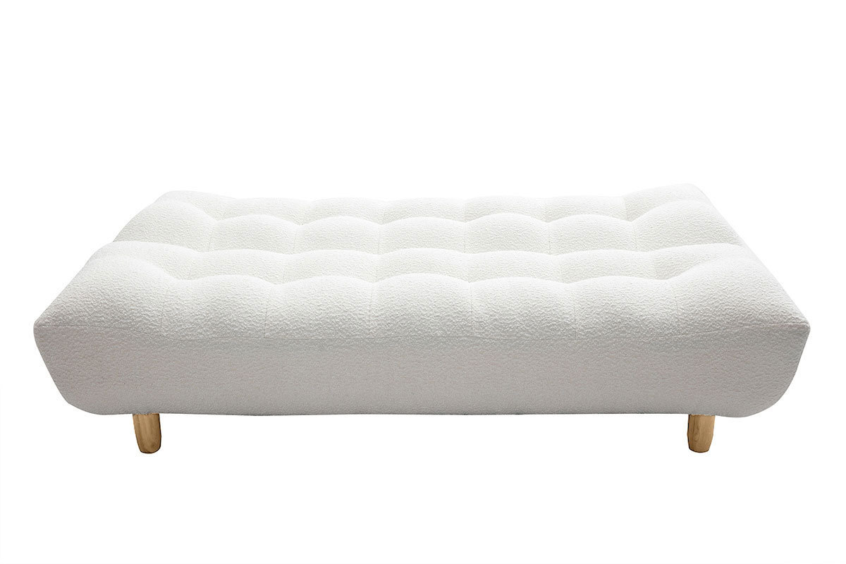 Divano letto scandinavo 3 posti in tessuto effetto lana boucl bianco e legno chiaro YUMI