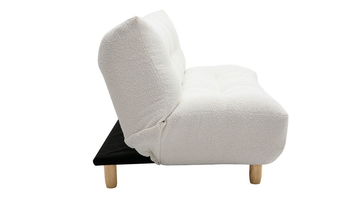 Divano letto scandinavo 3 posti in tessuto effetto lana boucl bianco e legno chiaro YUMI