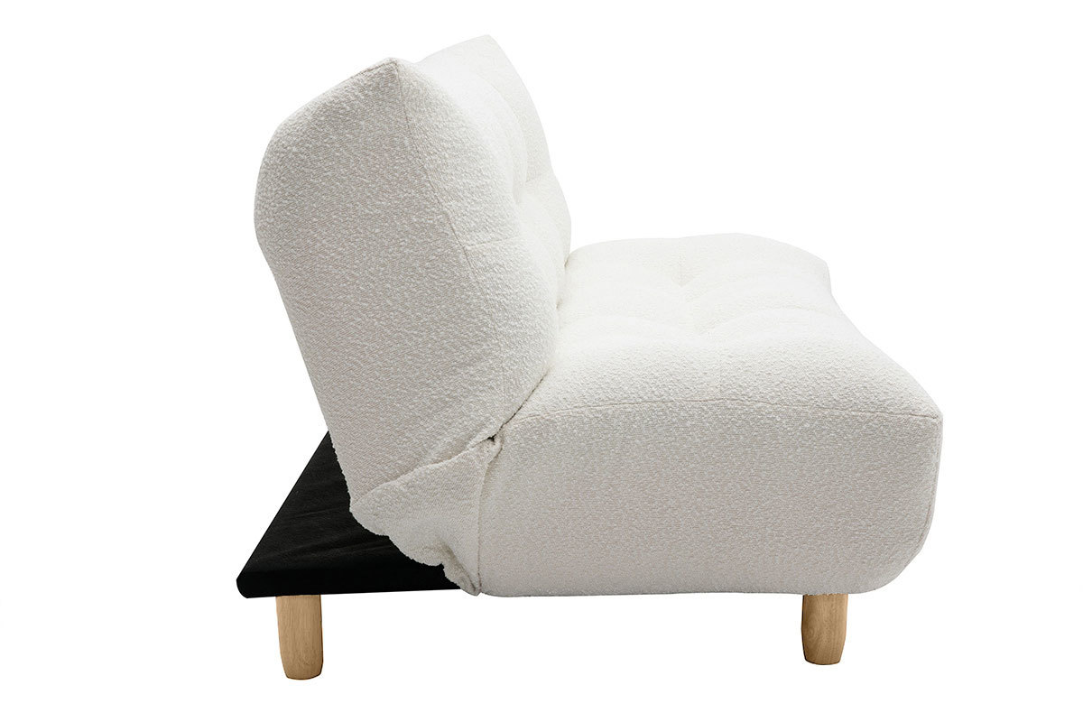 Divano letto scandinavo 3 posti in tessuto effetto lana boucl bianco e legno chiaro YUMI