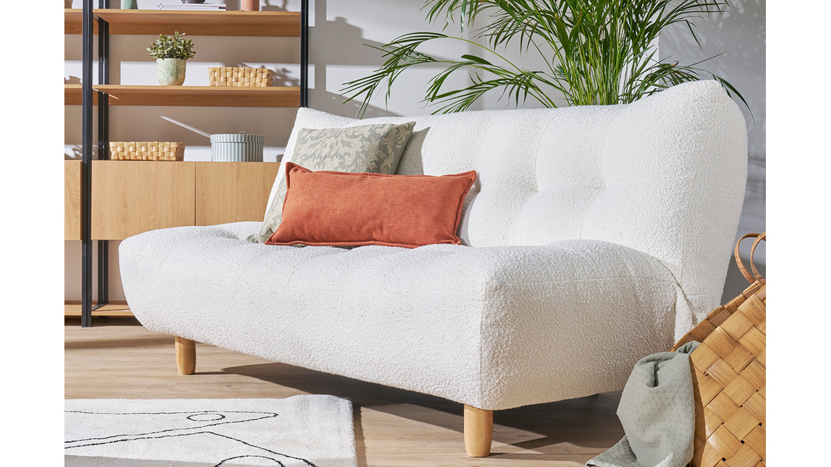 Divano letto scandinavo 3 posti in tessuto effetto lana boucl bianco e legno chiaro YUMI