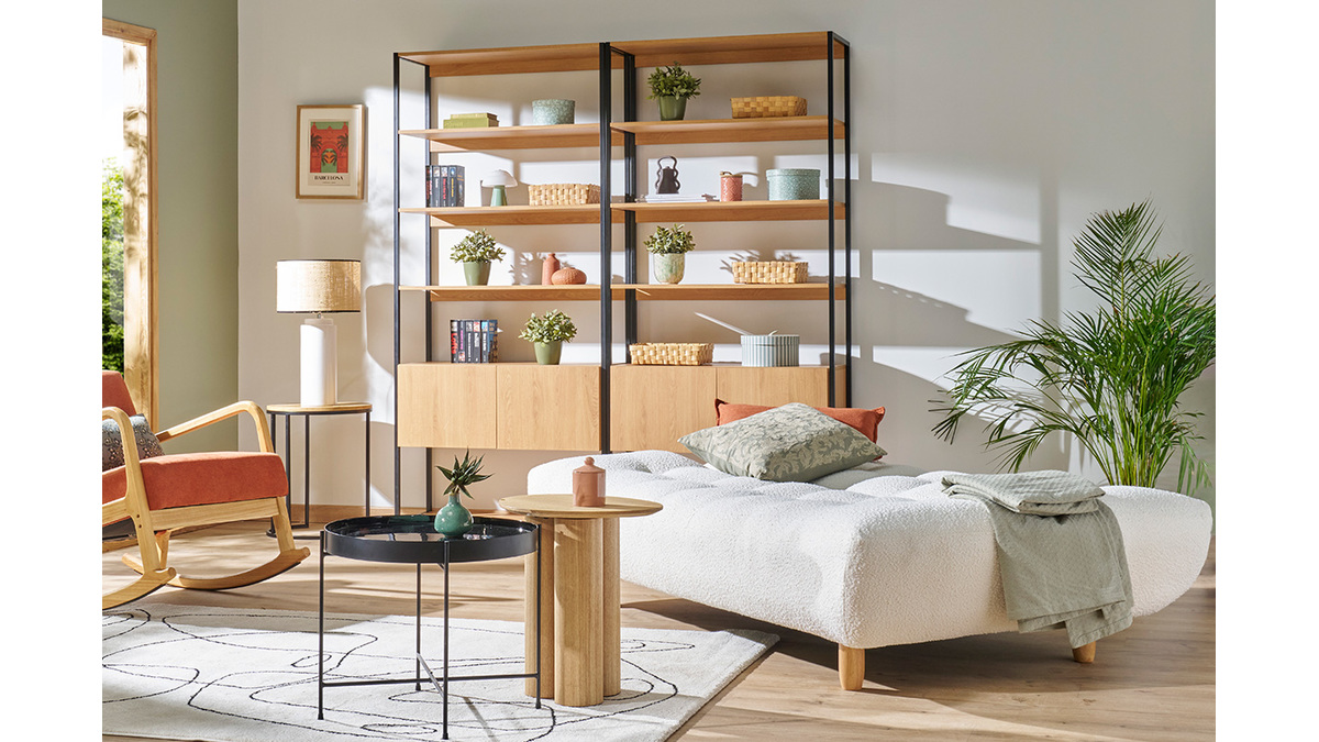 Divano letto scandinavo 3 posti in tessuto effetto lana boucl bianco e legno chiaro YUMI