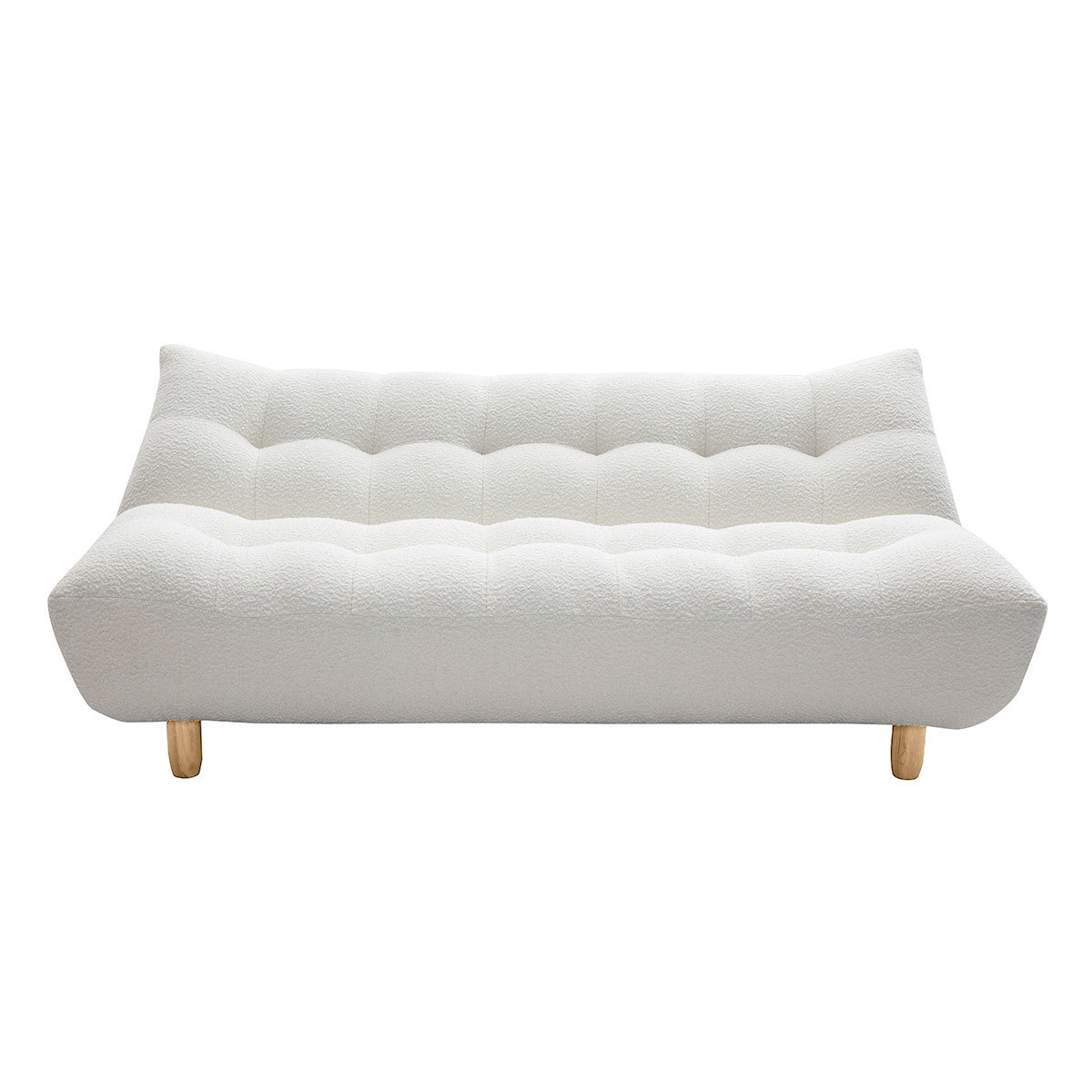 Divano letto scandinavo 3 posti in tessuto effetto lana bouclé bianco e legno chiaro YUMI