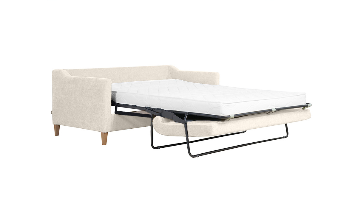 Divano letto scandinavo 3 posti in tessuto effetto velluto beige e legno chiaro LOUISE